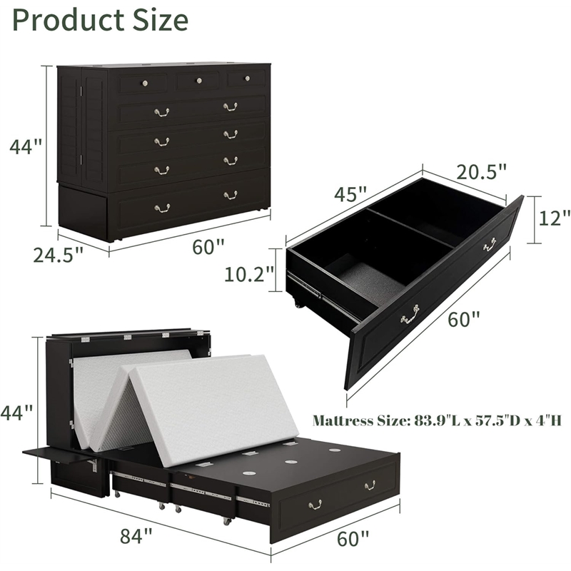queen wood murphy bed whit chest with built-in charger black-included mattress