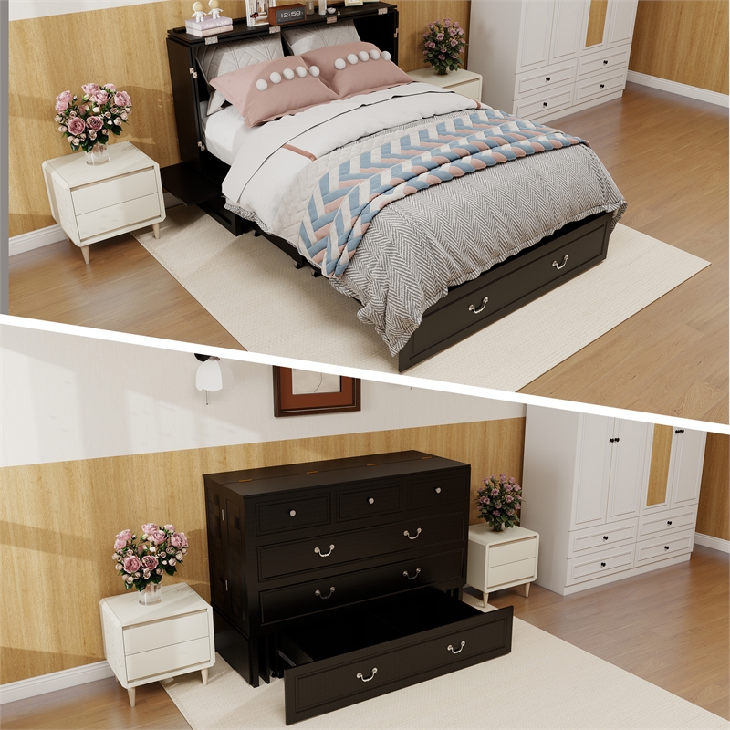 queen wood murphy bed whit chest with built-in charger black-included mattress