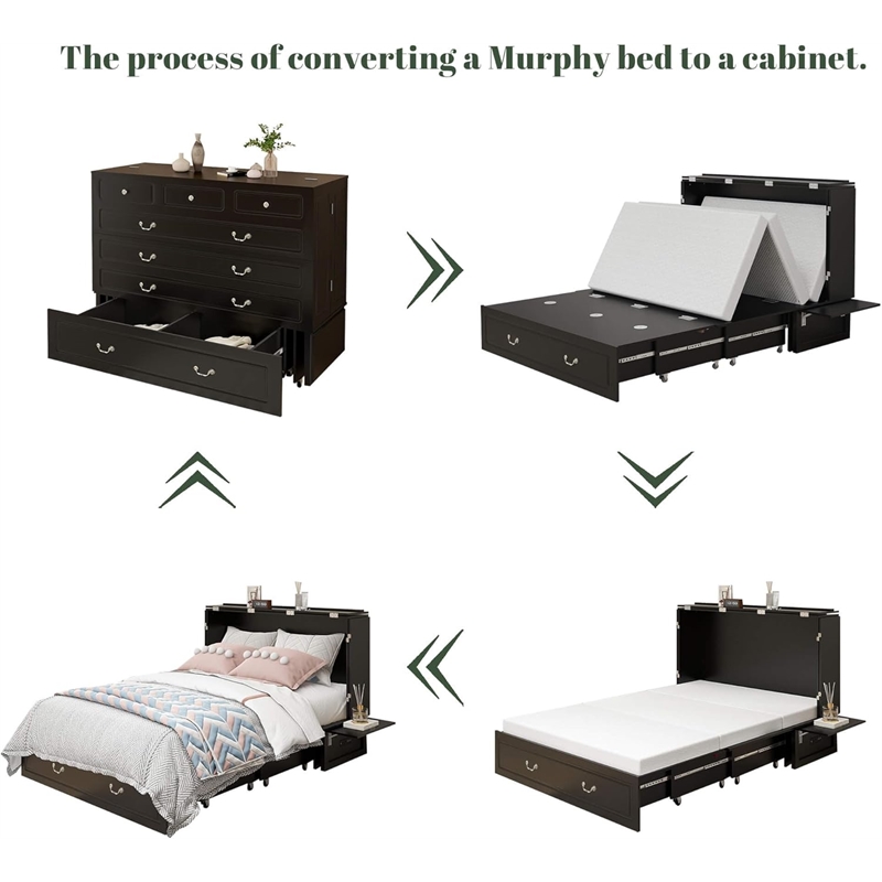 queen wood murphy bed whit chest with built-in charger black-included mattress