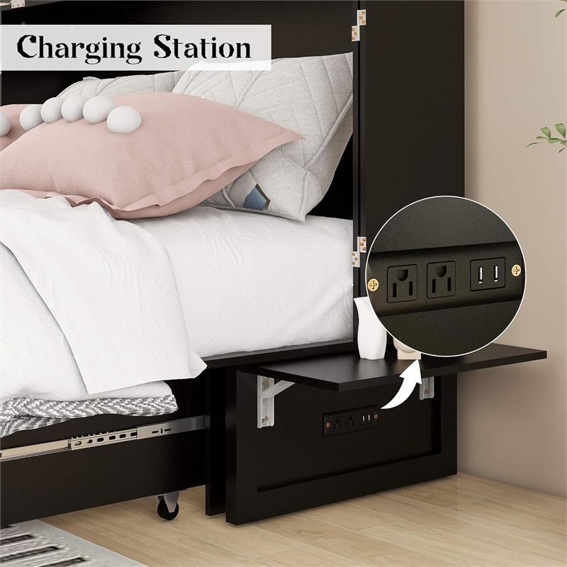 queen wood murphy bed whit chest with built-in charger black-included mattress