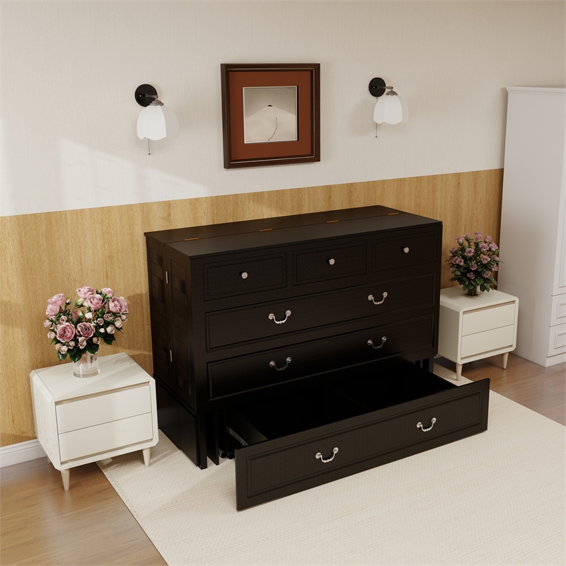 queen wood murphy bed whit chest with built-in charger black-included mattress