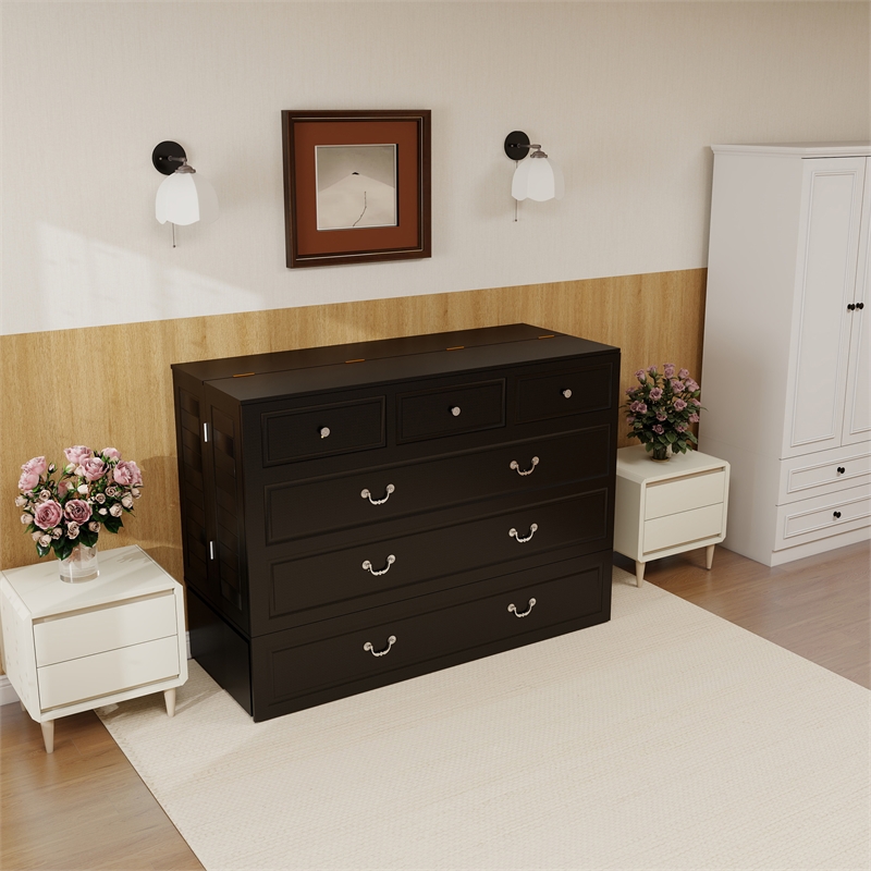 queen wood murphy bed whit chest with built-in charger black-included mattress