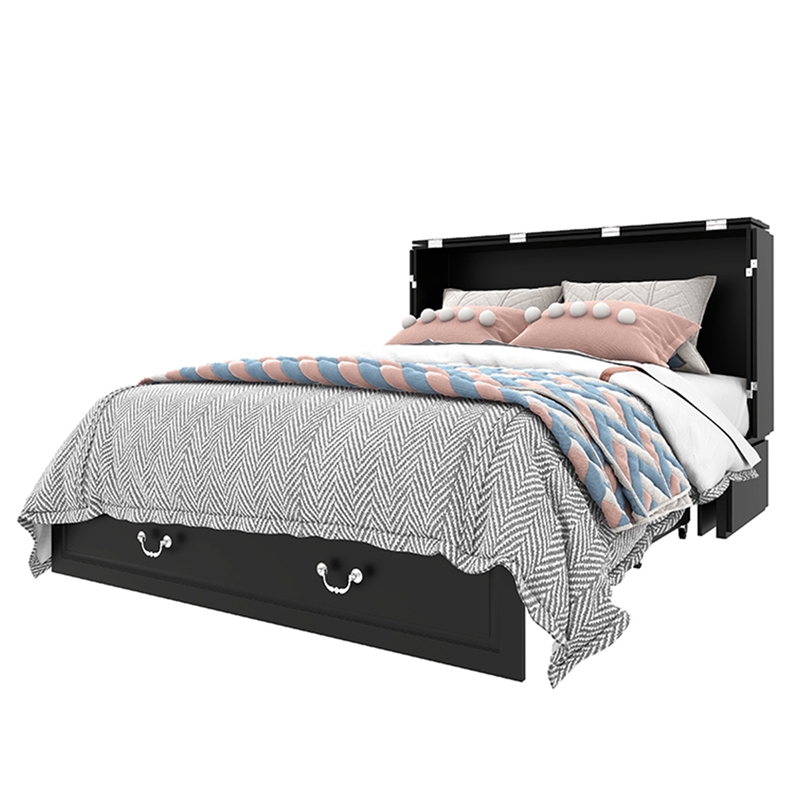 Queen Wood Murphy Bed whit Chest with Built-in Charger Black-Included Mattress