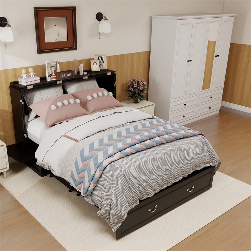 queen wood murphy bed whit chest with built-in charger black-included mattress