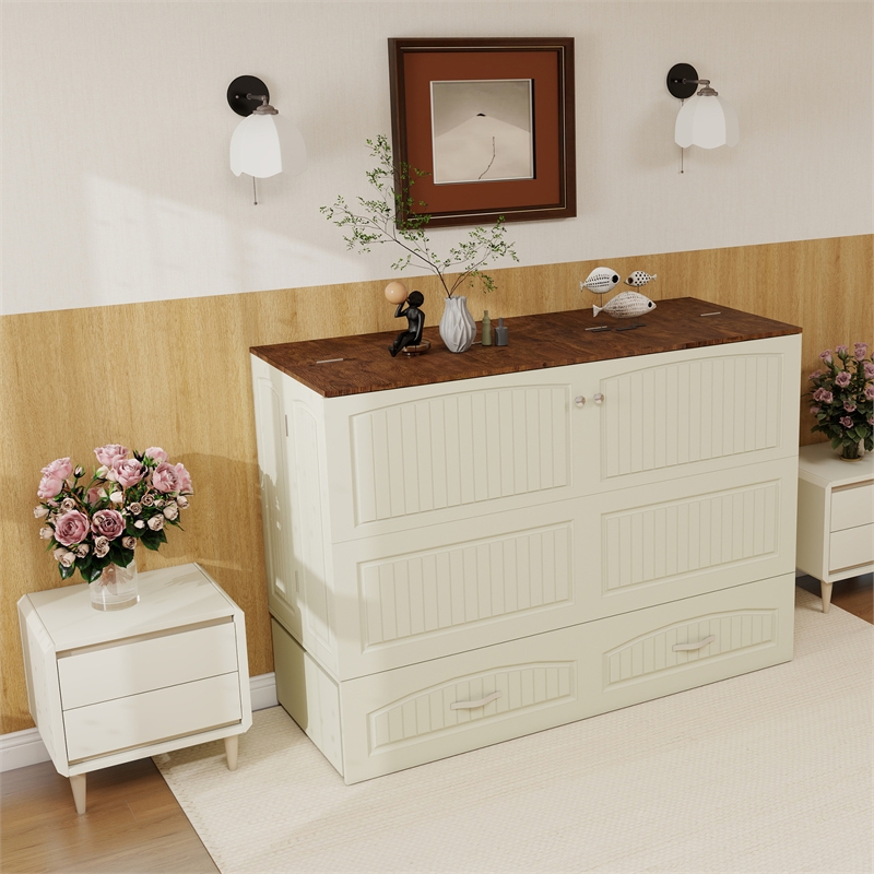 Queen Wood Murphy Bed Cabinet with Built-in Charger White-Included Mattress