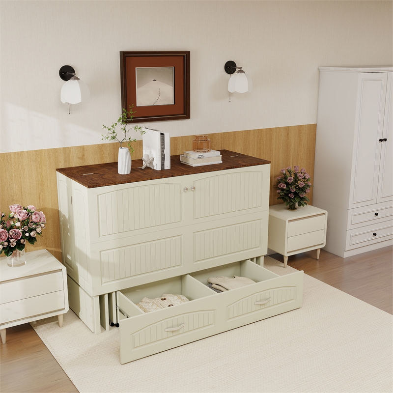 Queen Wood Murphy Bed Cabinet with Built-in Charger White-Included Mattress