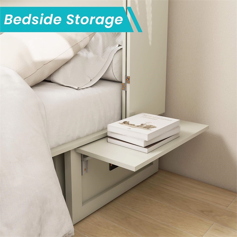 Queen Wood Murphy Bed Cabinet with Built-in Charger White-Included Mattress