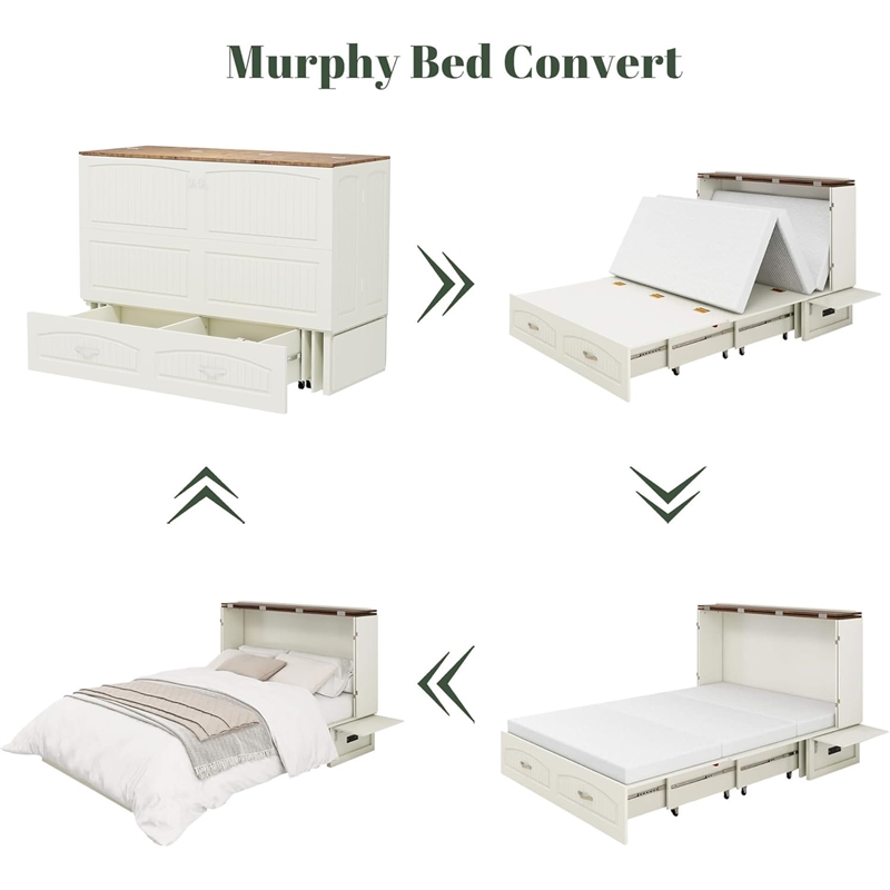 Queen Wood Murphy Bed Cabinet with Built-in Charger White-Included Mattress