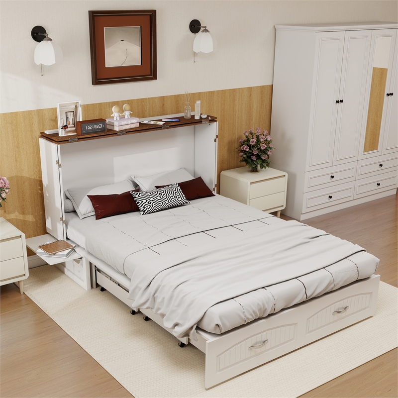 Queen Wood Murphy Bed Cabinet with Built-in Charger White-Included Mattress