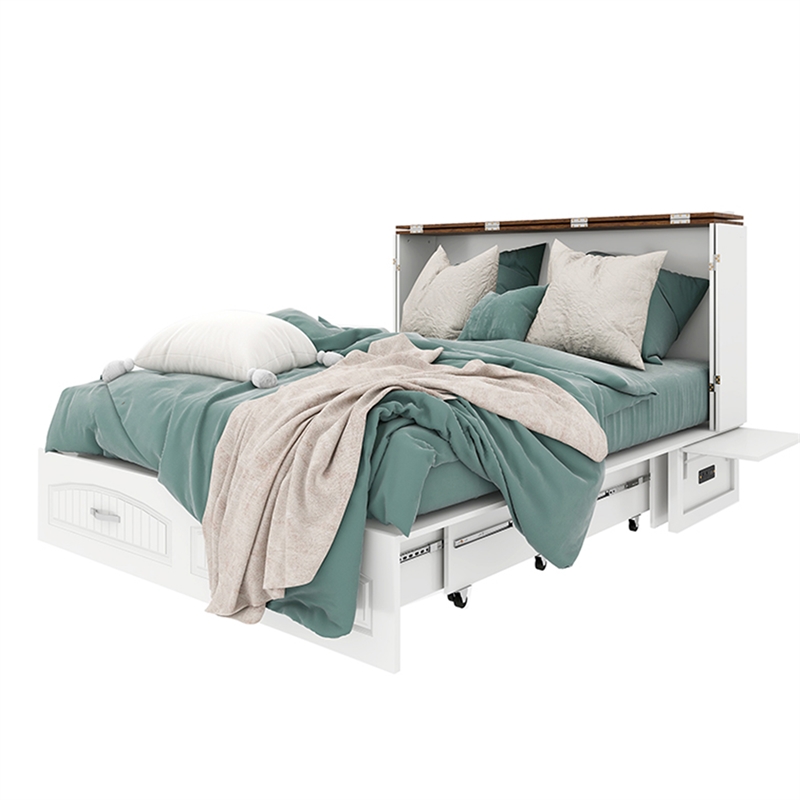 Queen Wood Murphy Bed Cabinet with Built-in Charger White-Included Mattress