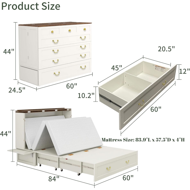 Queen Wood Murphy Bed whit Chest with Built-in Charger white-Included Mattress