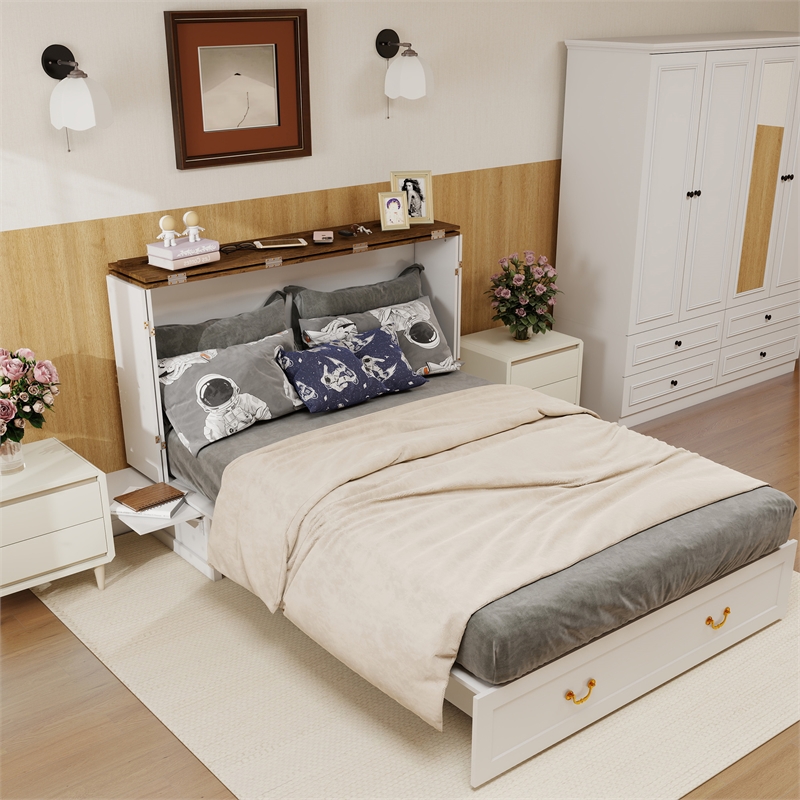 Queen Wood Murphy Bed whit Chest with Built-in Charger white-Included Mattress