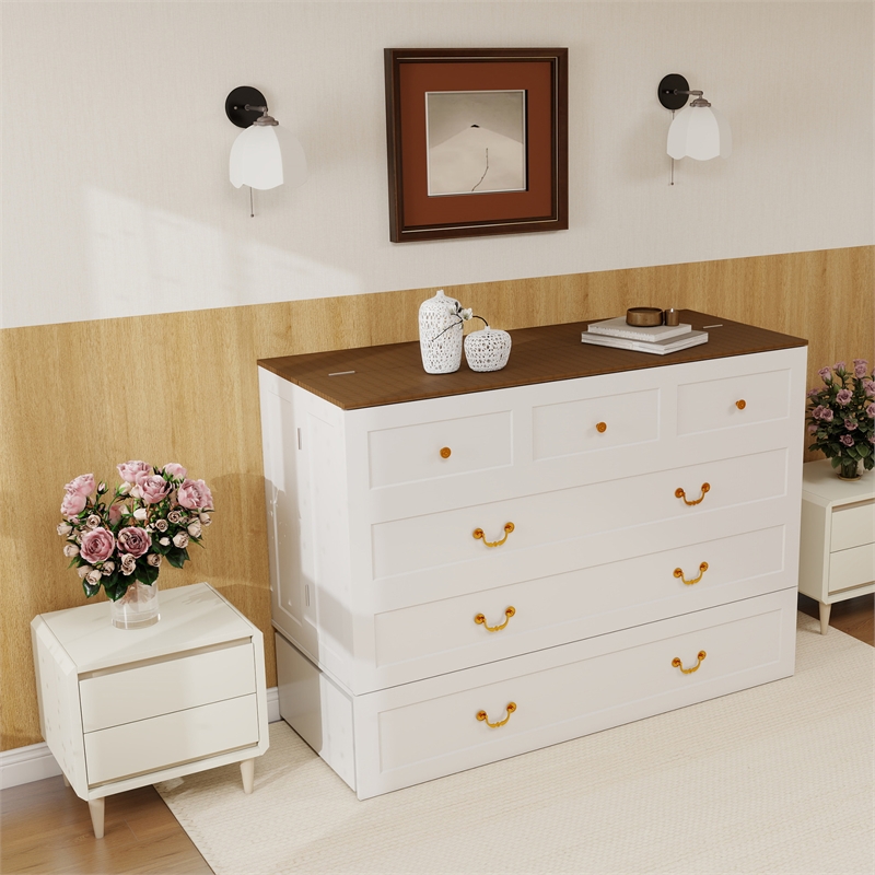 Queen Wood Murphy Bed whit Chest with Built-in Charger white-Included Mattress