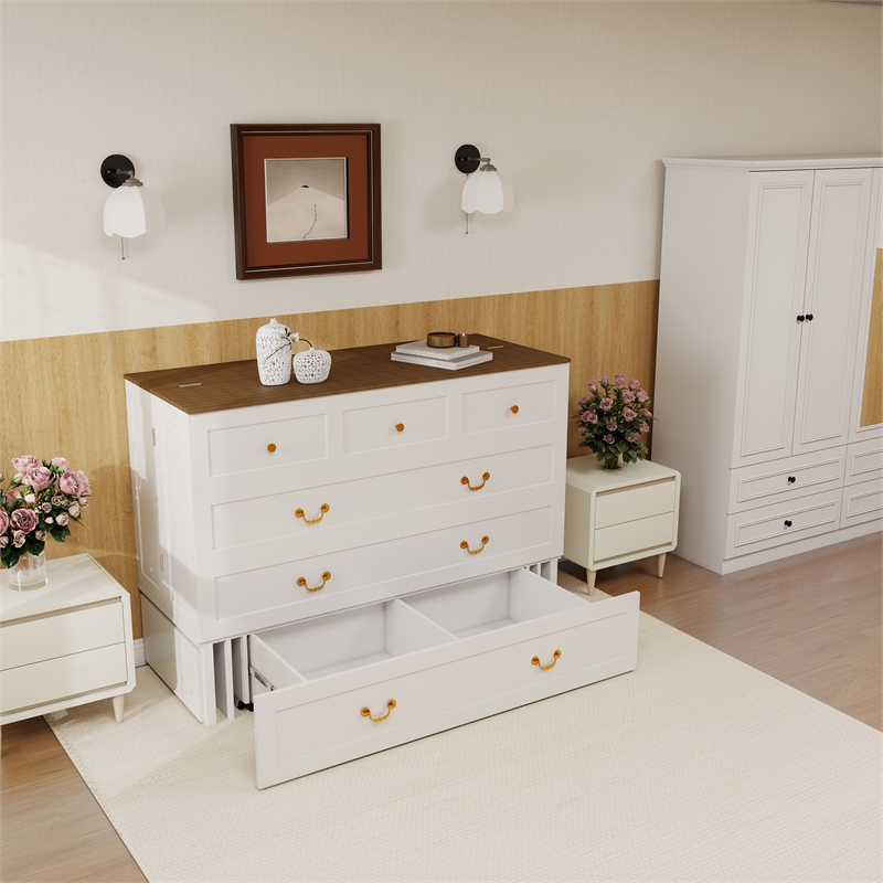 Queen Wood Murphy Bed whit Chest with Built-in Charger white-Included Mattress