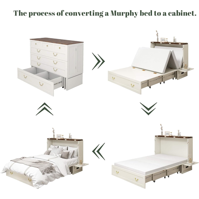 Queen Wood Murphy Bed whit Chest with Built-in Charger white-Included Mattress