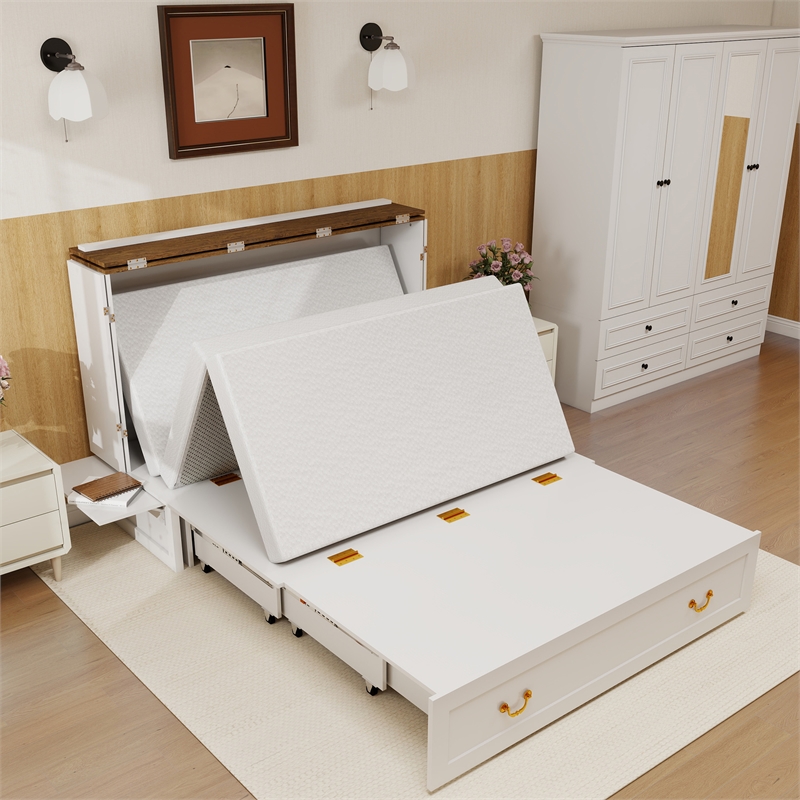Queen Wood Murphy Bed whit Chest with Built-in Charger white-Included Mattress