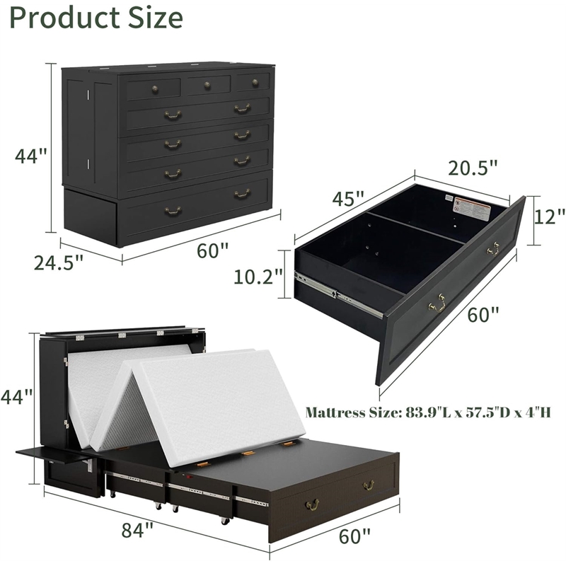 Queen Wood Murphy Bed with Drawers Charging Station Black-Included Mattres