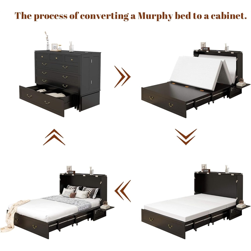Queen Wood Murphy Bed with Drawers Charging Station Black-Included Mattres