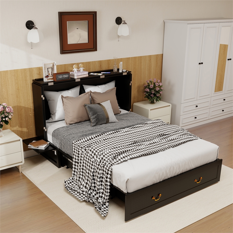 Queen Wood Murphy Bed with Drawers Charging Station Black-Included Mattres