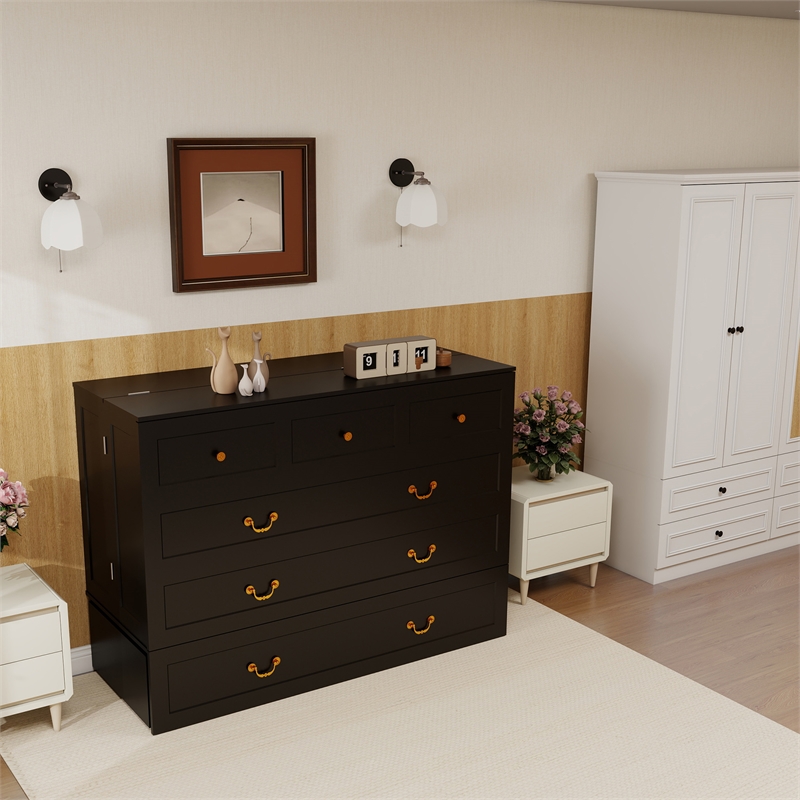 Queen Wood Murphy Bed with Drawers Charging Station Black-Included Mattres