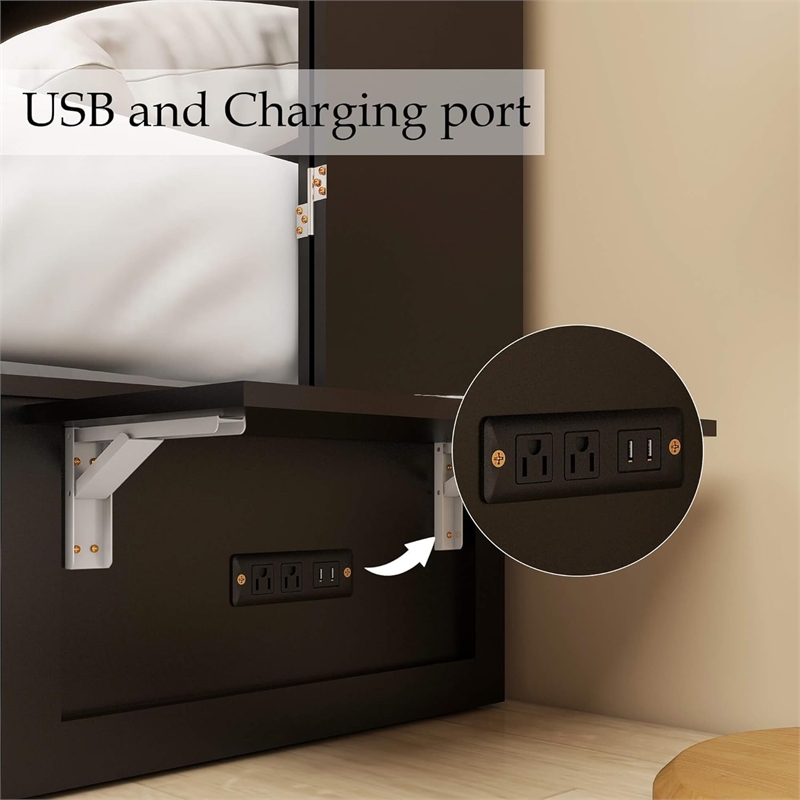Queen Wood Murphy Bed with Drawers Charging Station Black-Included Mattres