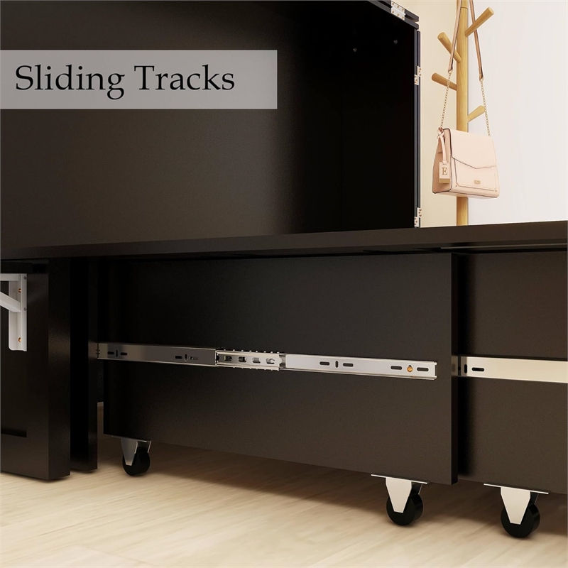 Queen Wood Murphy Bed with Drawers Charging Station Black-Included Mattres