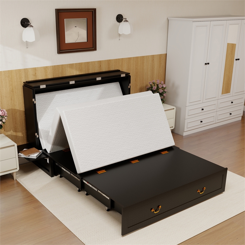 Queen Wood Murphy Bed with Drawers Charging Station Black-Included Mattres