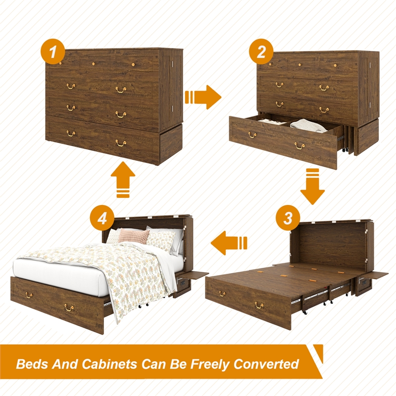 Queen Wood Murphy Bed with Built-in Charger Red Oak-Included Mattress