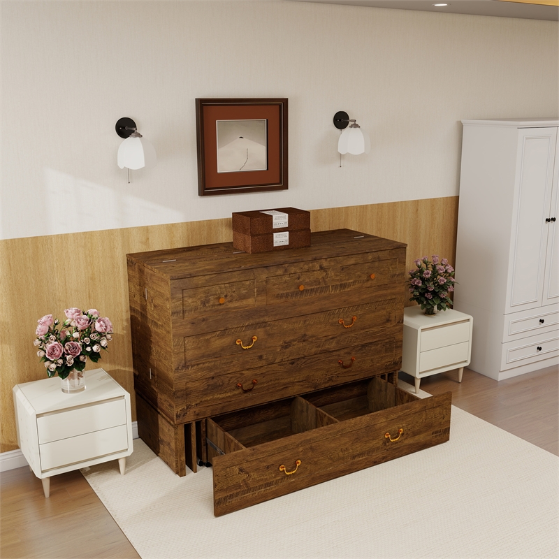 Queen Wood Murphy Bed with Built-in Charger Red Oak-Included Mattress