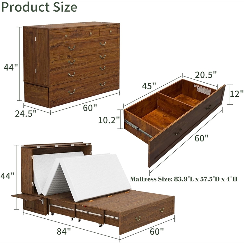Queen Wood Murphy Bed with Built-in Charger Red Oak-Included Mattress