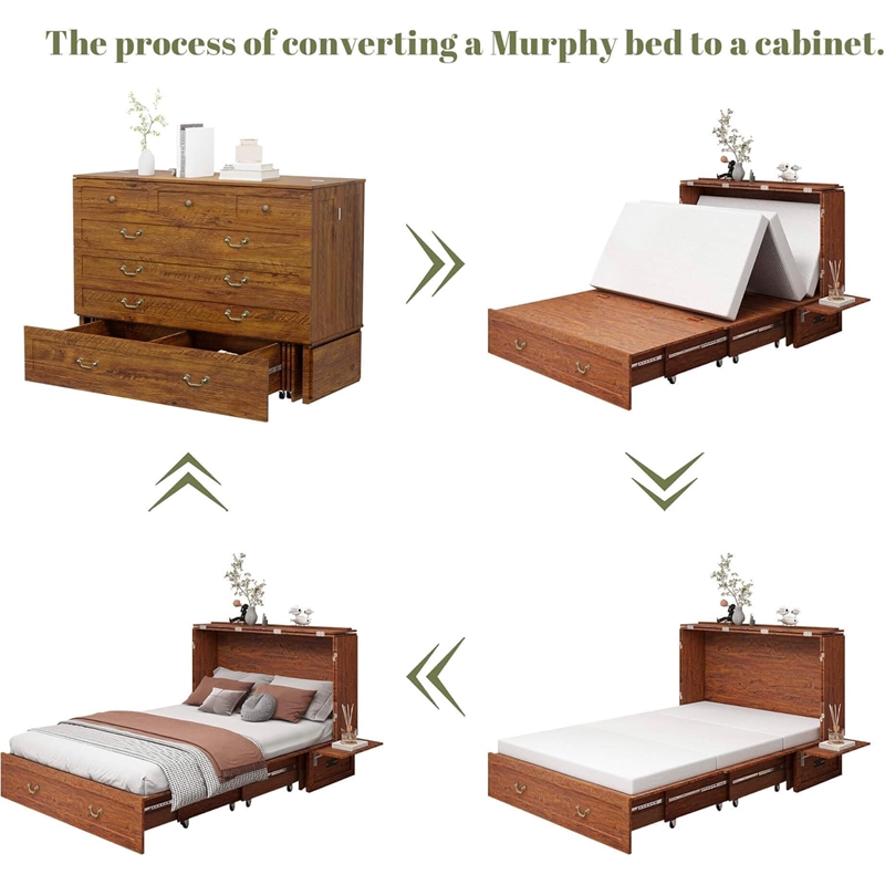 Queen Wood Murphy Bed with Built-in Charger Red Oak-Included Mattress