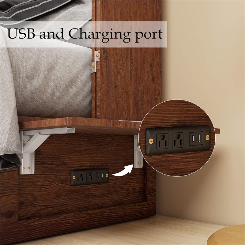 Queen Wood Murphy Bed with Built-in Charger Red Oak-Included Mattress