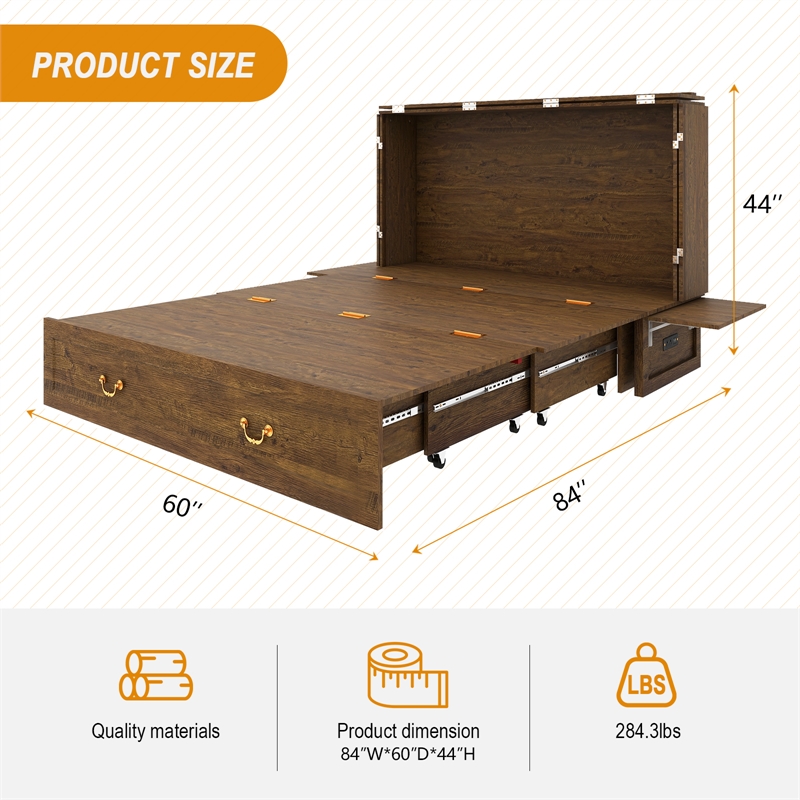 Queen Wood Murphy Bed with Built-in Charger Red Oak-Included Mattress