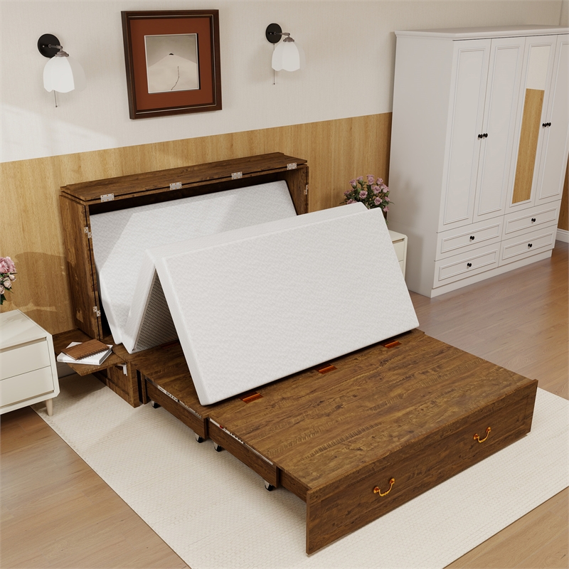 Queen Wood Murphy Bed with Built-in Charger Red Oak-Included Mattress
