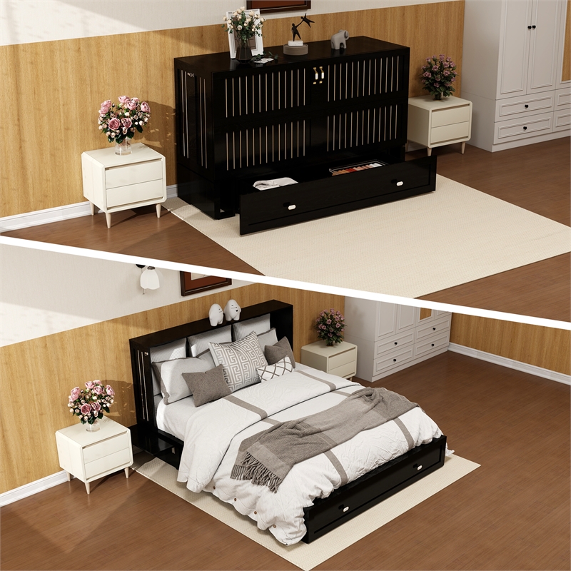 Livelylodge Queen Cabinet Wood Murphy Bed with Storage Drawer and Shelves Black