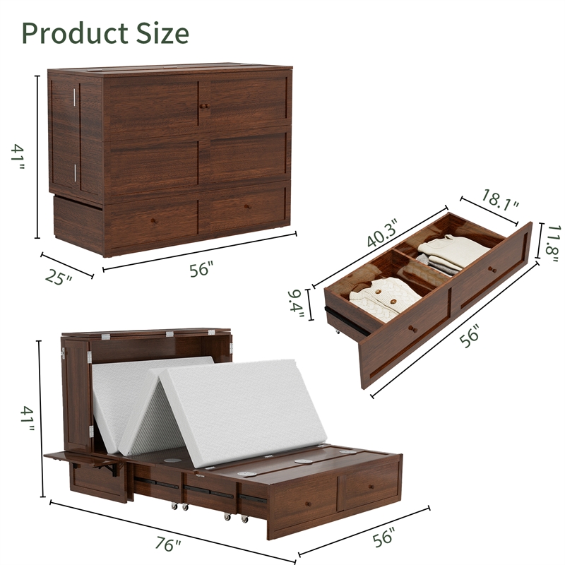 Livelylodge Teak Color Solid Wood Murphy Cabinet Bed with Drawers Space-Saving