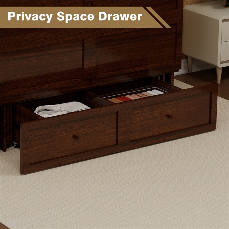 Livelylodge Teak Color Solid Wood Murphy Cabinet Bed with Drawers Space-Saving