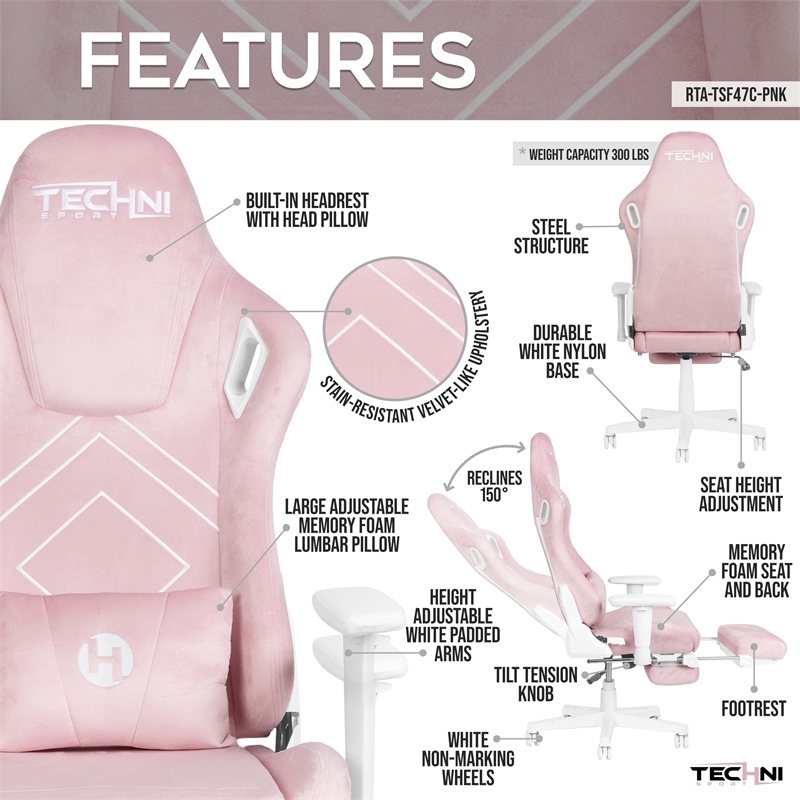 Techni Sport - Velvet Gaming Chair with Footrest - Pink