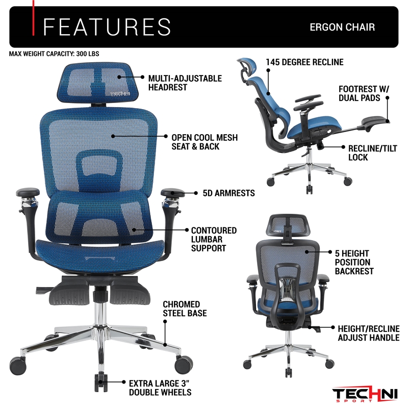 Techni Sport Ergonomic Mesh Office Chair with 5D Armrests & Footrest Blue