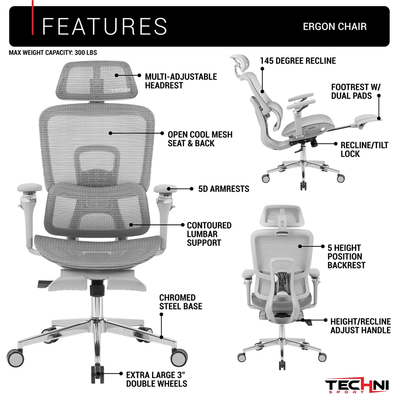 Techni Sport Ergonomic Mesh Office Chair with 5D Armrests & Footrest Gray