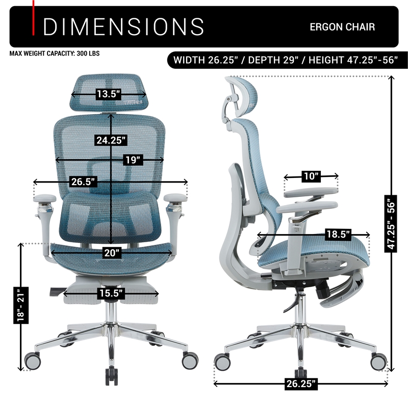 Techni Sport Ergonomic Mesh Office Chair with 5D Armrests & Footrest Teal