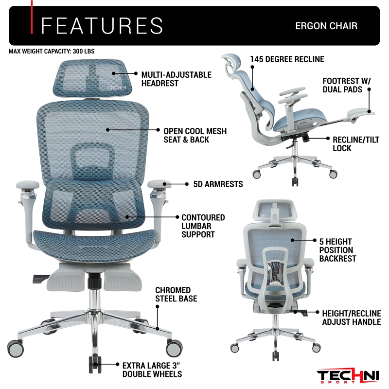 Techni Sport Ergonomic Mesh Office Chair with 5D Armrests & Footrest Teal
