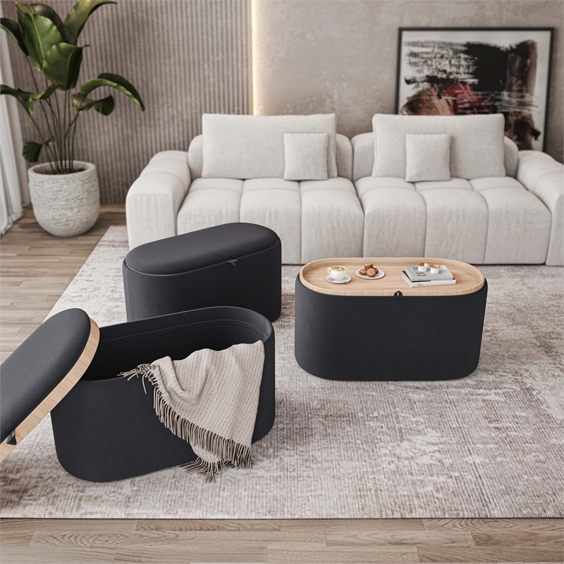 Storage Ottoman with Reversible Wooden Tray Top - Black