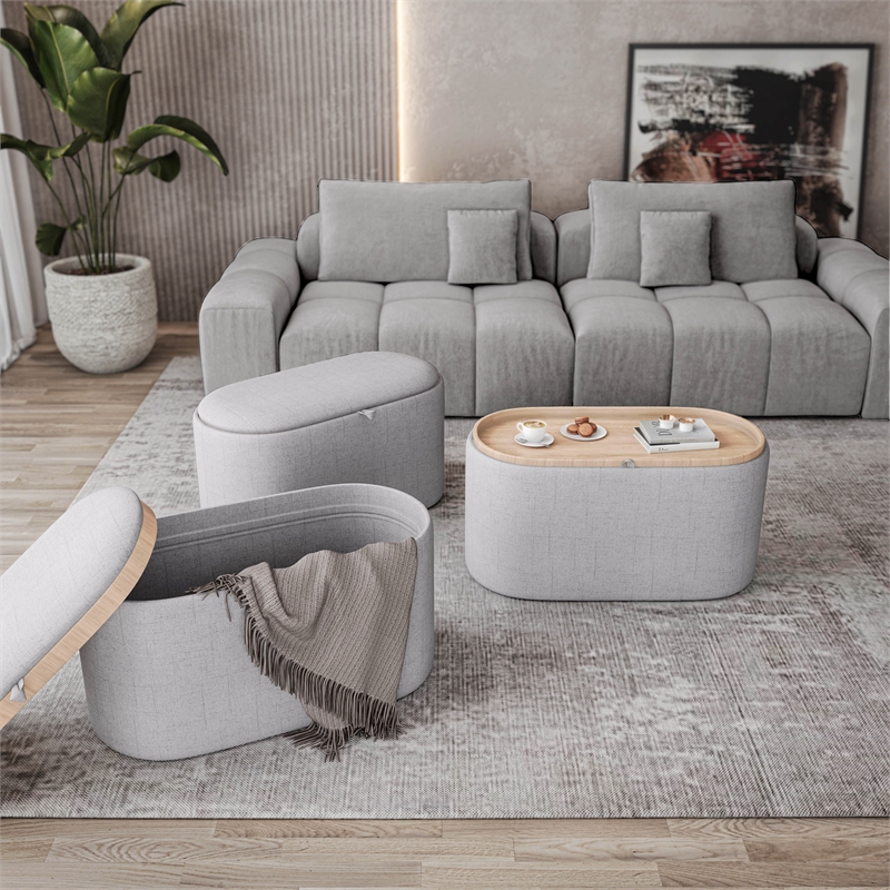 Storage Ottoman with Reversible Wooden Tray Top - Natural