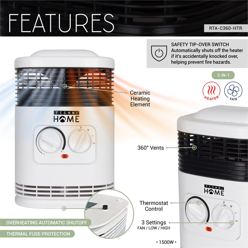 Techni Home 360degree Ceramic Space Heater with Adjustable Thermostat