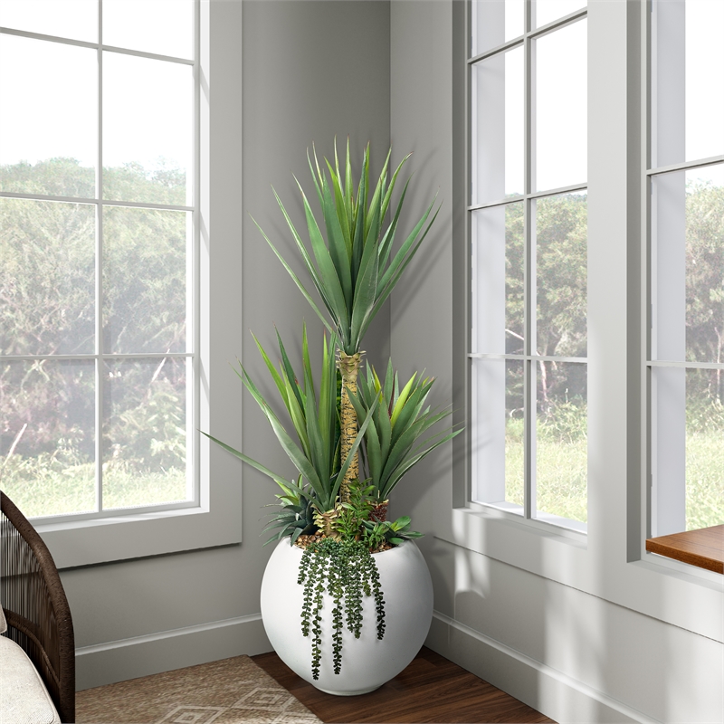 5' Sisal and Assorted Succulents in White Porter Planter