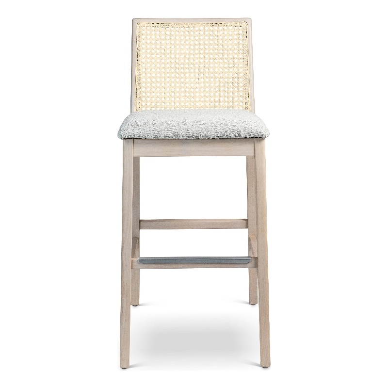 Urbia Modern Brazilian Nardia Cane Bar Stool in Boucle Glaze Seat Nevoa Frame