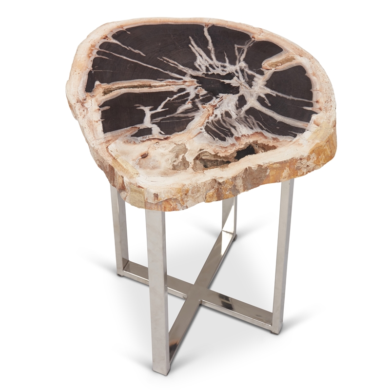 Urbia Relique Eliza End Table in Polished Stainless Steel Base Natural Dark Top
