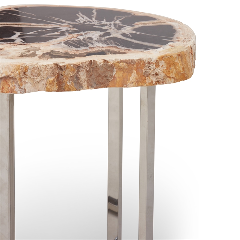 Urbia Relique Eliza End Table in Polished Stainless Steel Base Natural Dark Top