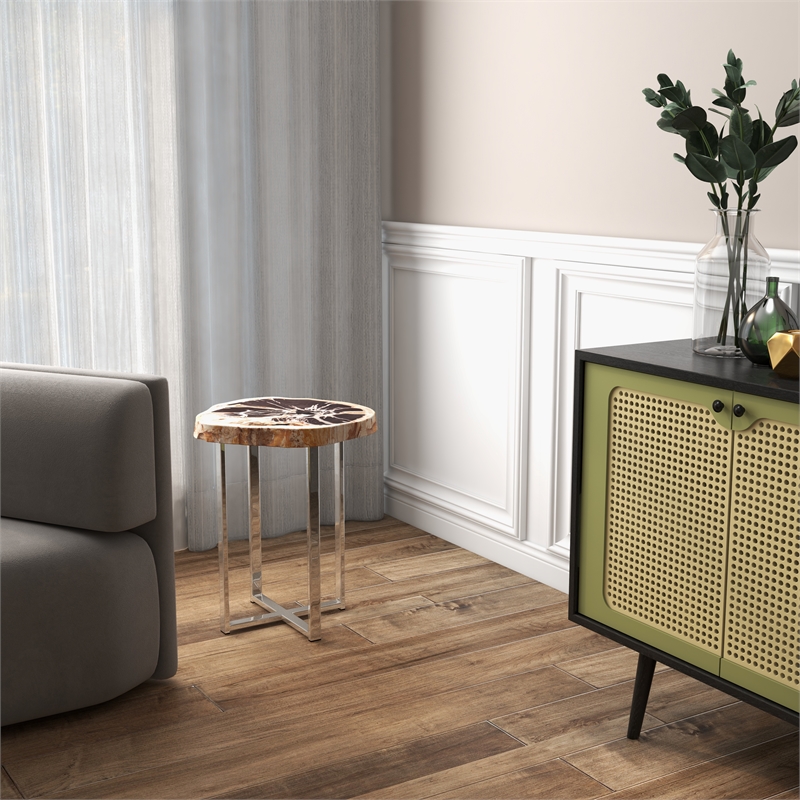 Urbia Relique Eliza End Table in Polished Stainless Steel Base Natural Dark Top